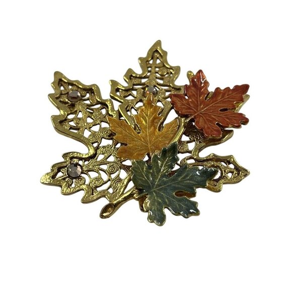 KC‎ Vintage Leaf Pin Brooch Autumn Fall Multi-Color Enamel Gold Tone Signed - Picture 2 of 13
